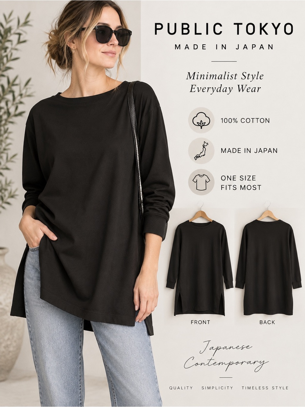 PUBLIC TOKYO Made in Japan Black Cotton Long Sleeve Tunic Top Size F